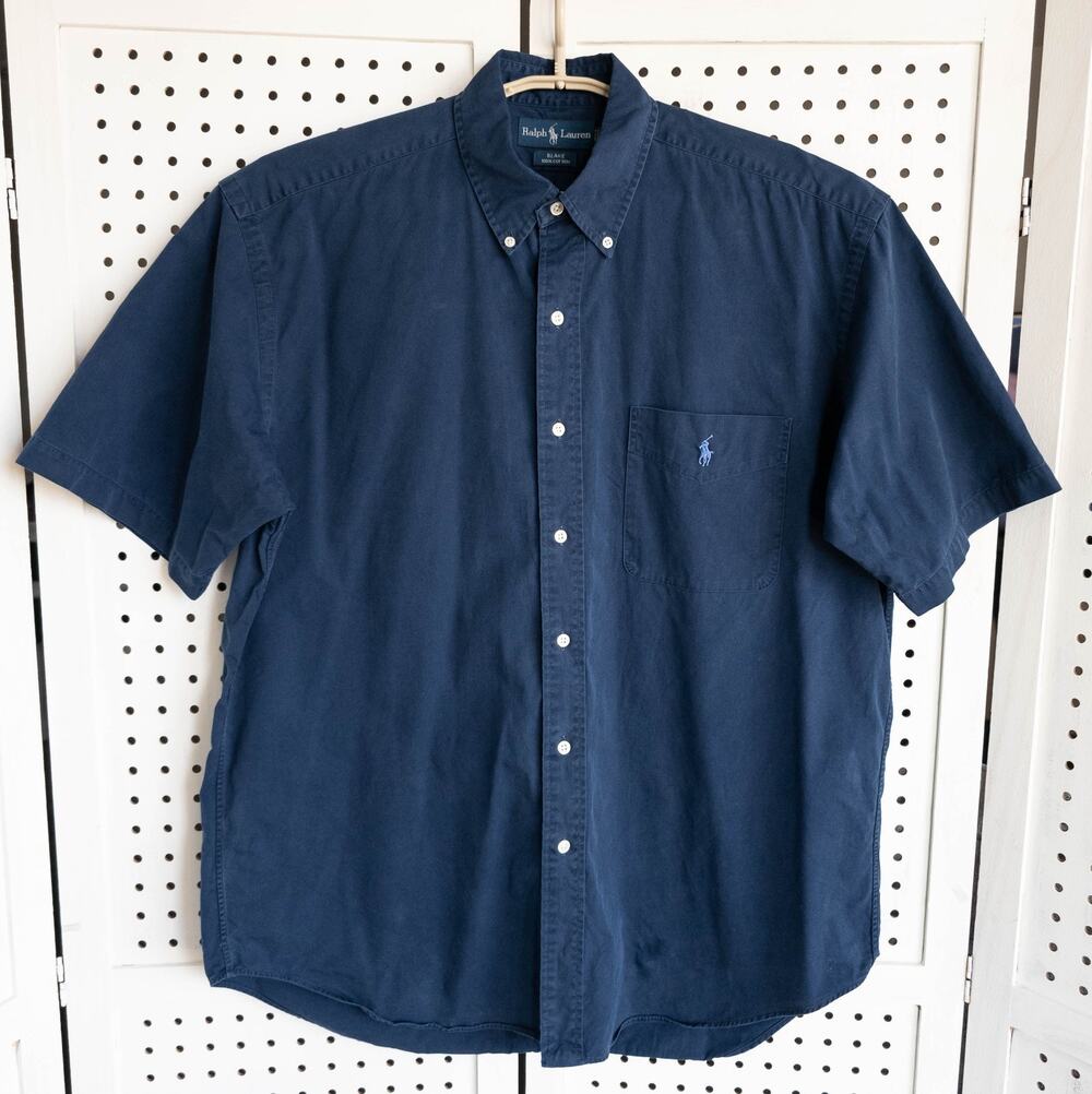 Ralph Lauren Blake Pony Logo Blue Button Down Short Sleeve Shirt Mens SIZE L